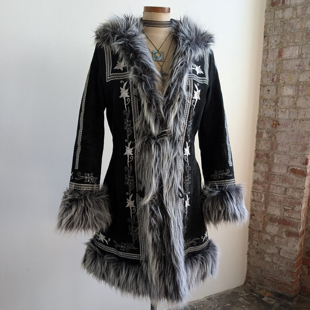 Vintage Black Suede Coat Penny Lane Groovy Faux Fur Jacket Afghan Trench Medium - Picture 10 of 13
